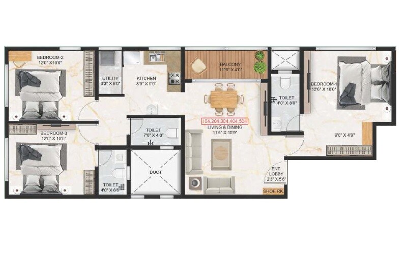 Floor plan of 3 BHK 744 Sq. Ft. Apartment in Belmont Celosia, Pune