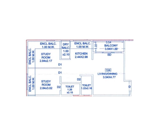 Floor plan of 2 BHK 674 Sq. Ft. Apartment in Belmont Crystal, Pune