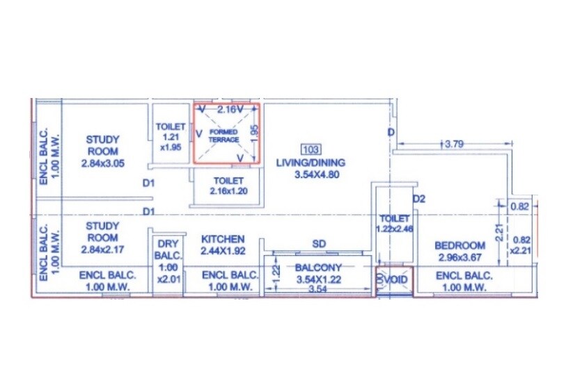 Floor plan of 3 BHK 853 Sq. Ft. Apartment in Belmont Crystal, Pune