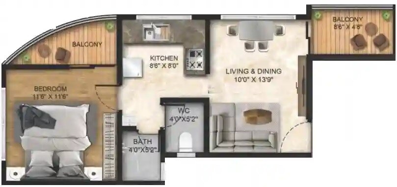 Floor plan of 1 BHK 418 Sq. Ft. Apartment in Belmont Nexus, Pune