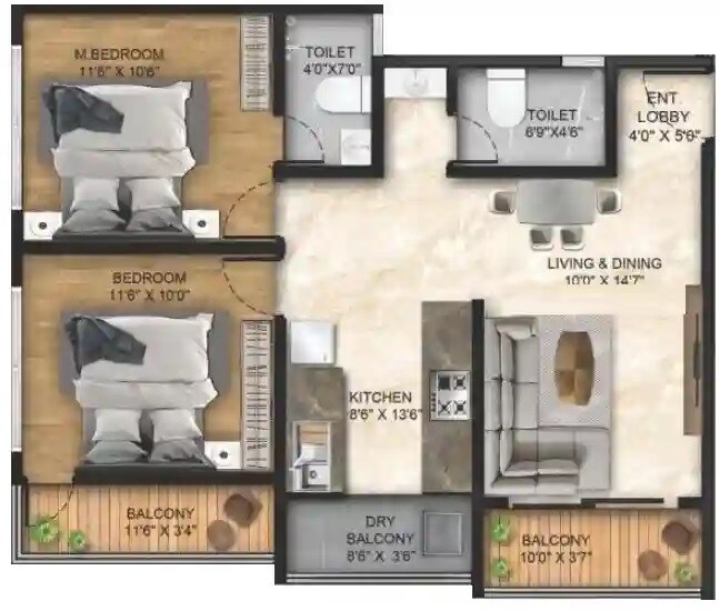 Floor plan of 2 BHK 636 Sq. Ft. Apartment in Belmont Nexus, Pune