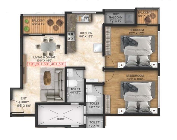 Floor plan of 2 BHK 665 Sq. Ft. Apartment in Belmont Nexus, Pune