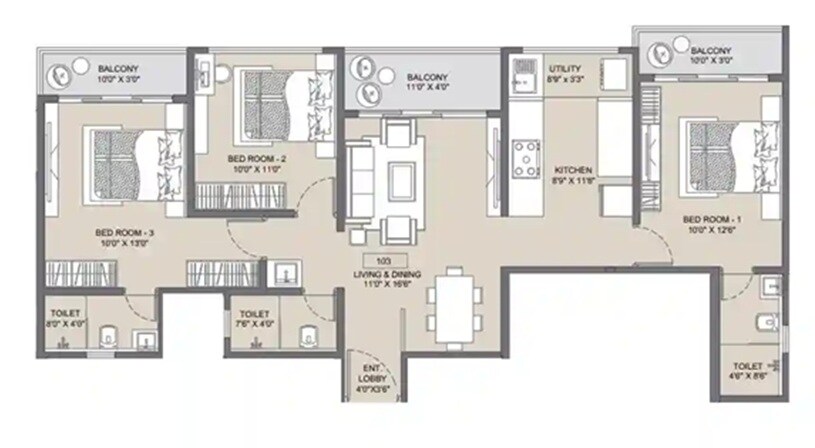 Floor plan of 3 BHK 1012 Sq. Ft. Apartment in Belmont Skydale, Pune