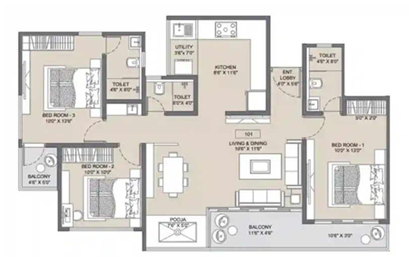 Floor plan of 3 BHK 1084 Sq. Ft. Apartment in Belmont Skydale, Pune