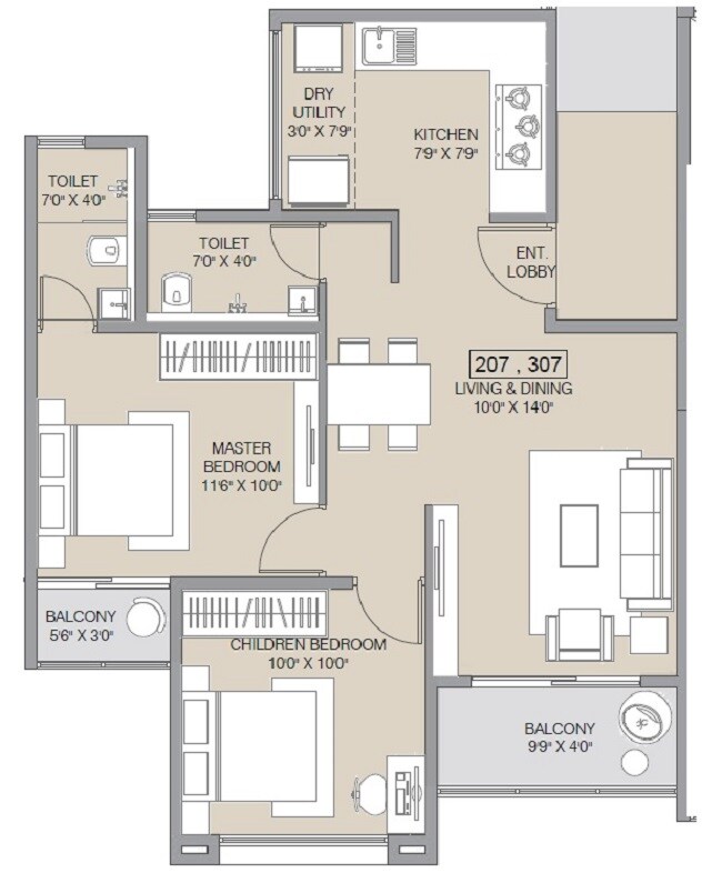 Floor plan of 2 BHK 667 Sq. Ft. Apartment in Belmont Skyverse, Pune