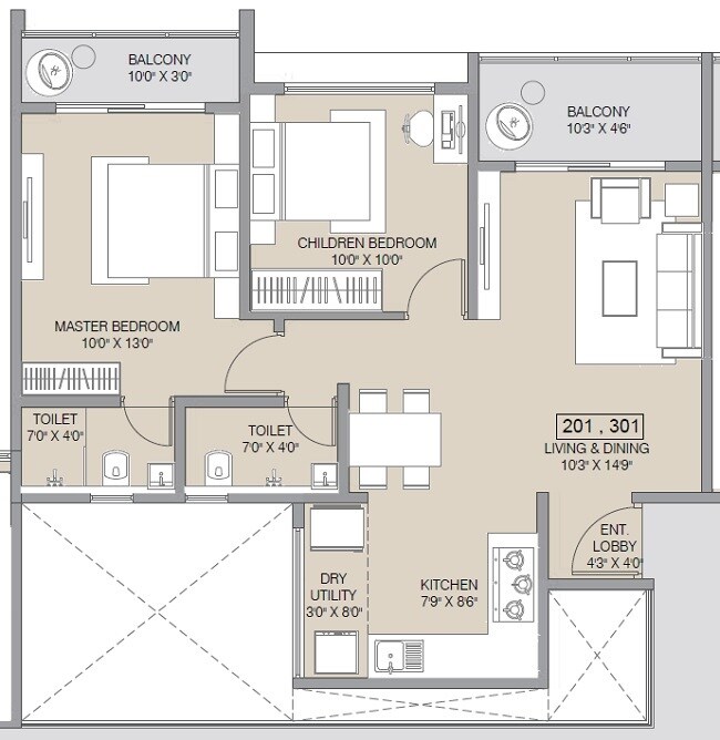 Floor plan of 2 BHK 722 Sq. Ft. Apartment in Belmont Skyverse, Pune