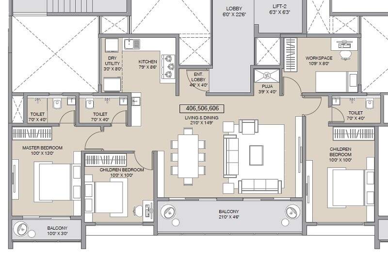 Floor plan of 3 BHK 1222 Sq. Ft. Apartment in Belmont Skyverse, Pune