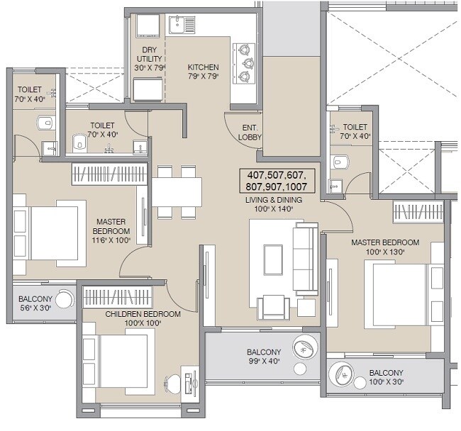 Floor plan of 3 BHK 1012 Sq. Ft. Apartment in Belmont Skyverse, Pune