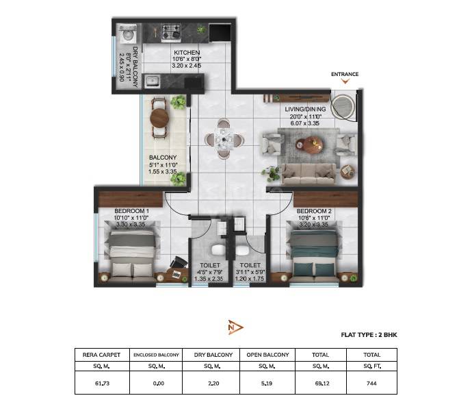 Floor plan of 2 BHK 744 Sq. Ft. Apartment in Belvalkar Aathesh, Pune