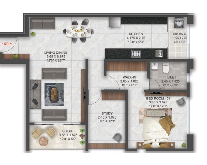 Floor plan of 1 BHK 305 Sq. Ft. Apartment in Belvalkar Jeevan Pradeep CHS, Pune