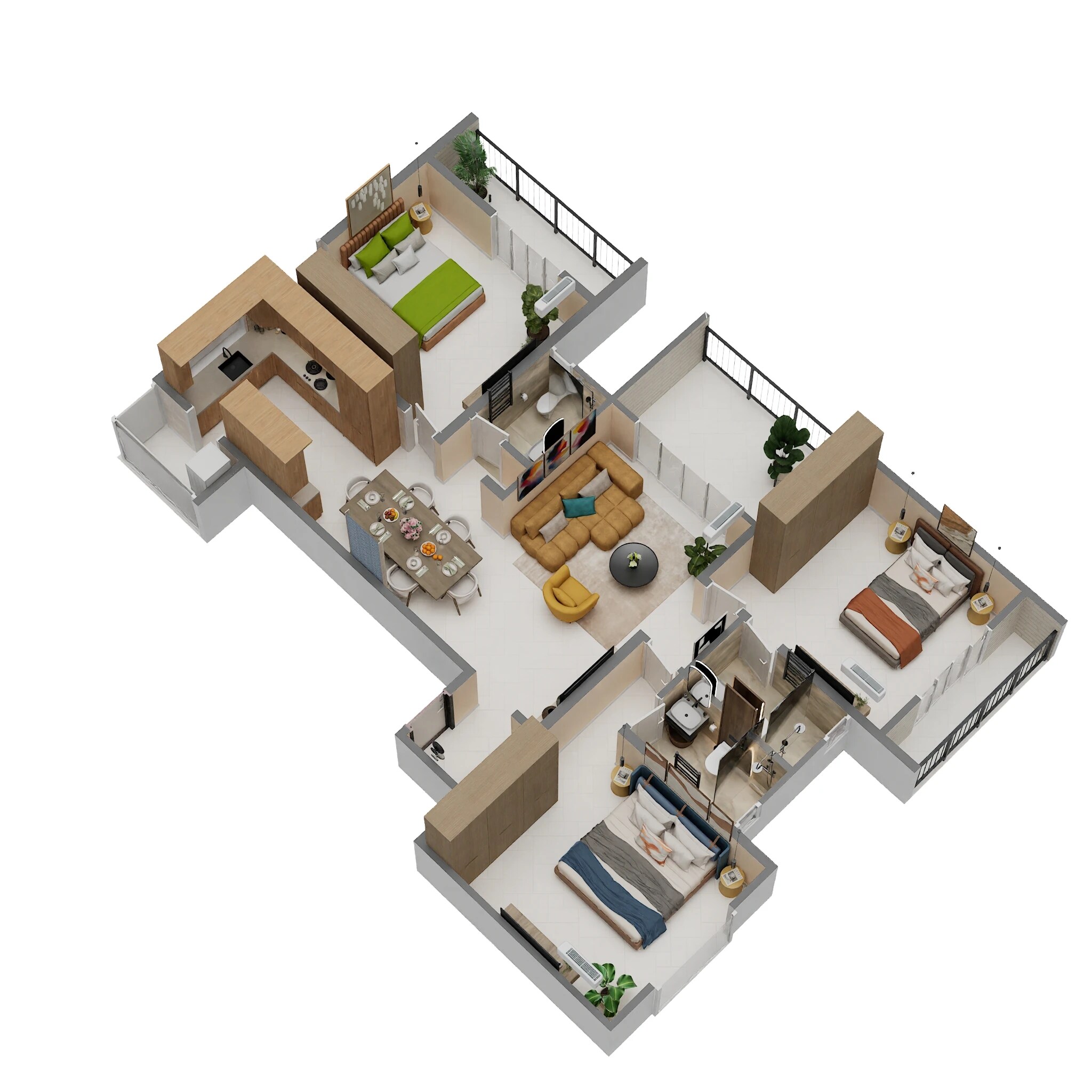 Floor plan of 3 BHK 1268 Sq. Ft. Apartment in Belvalkar Meera Apartments, Pune