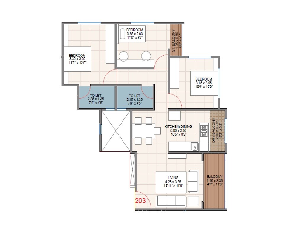 3 BHK 872 Sq. Ft. Apartment