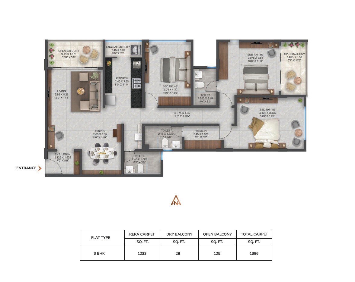 Floor plan of 3 BHK 1386 Sq. Ft. Apartment in Belvalkar Niwant CHSL, Pune