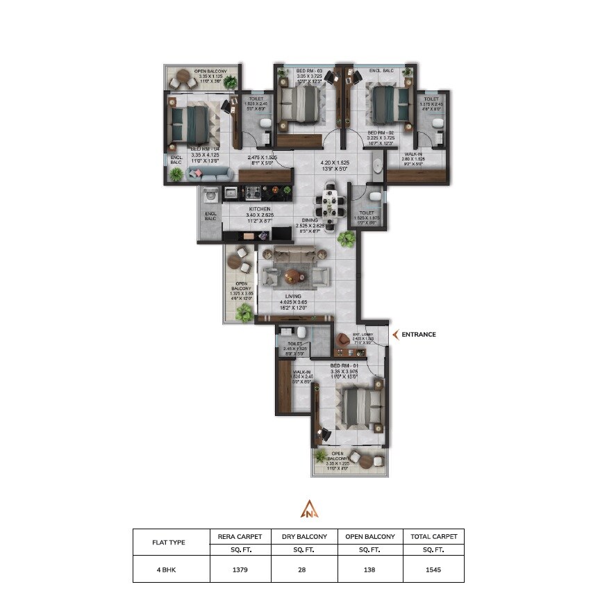 Floor plan of 4 BHK 1545 Sq. Ft. Apartment in Belvalkar Niwant CHSL, Pune