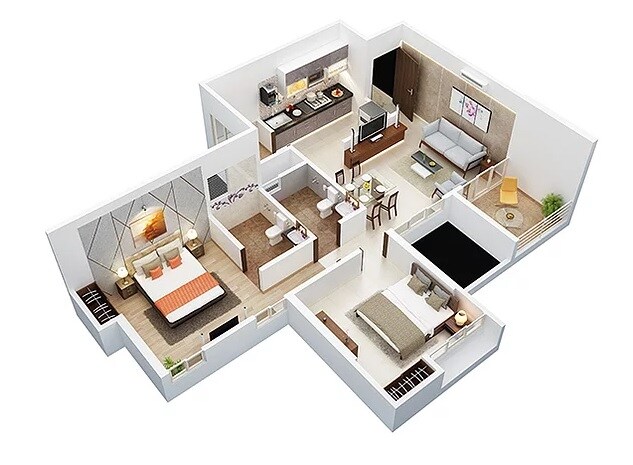 Floor plan of 2 BHK 469 Sq. Ft. Apartment in Belvalkar Riverain Classic, Pune