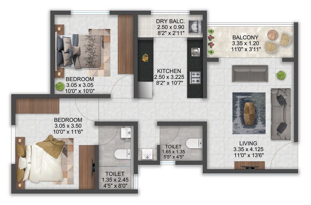 Floor plan of 2 BHK 640 Sq. Ft. Apartment in Belvalkar Shantibramha CHSL, Pune