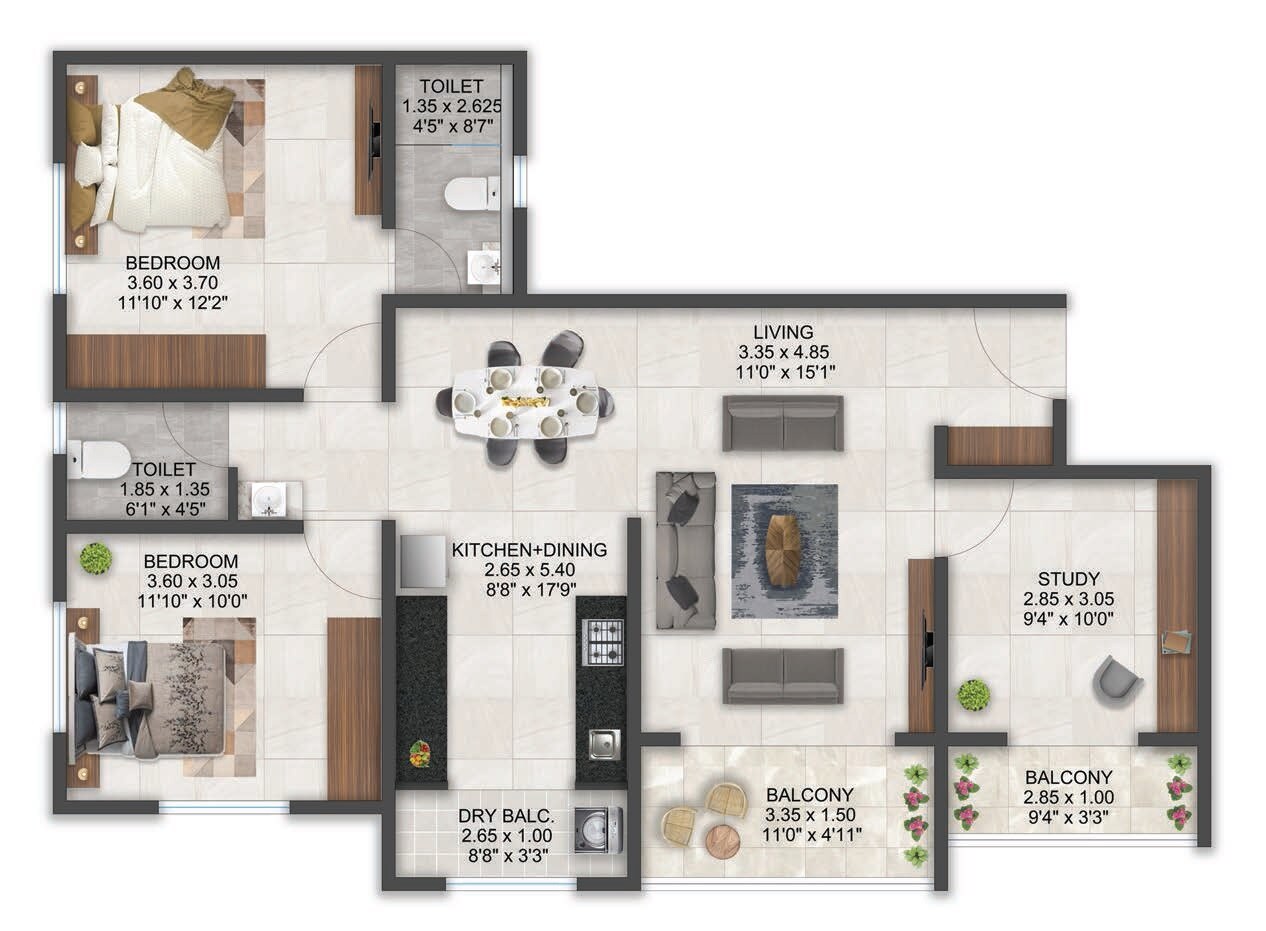Floor plan of 2 BHK 928 Sq. Ft. Apartment in Belvalkar Shantibramha CHSL, Pune