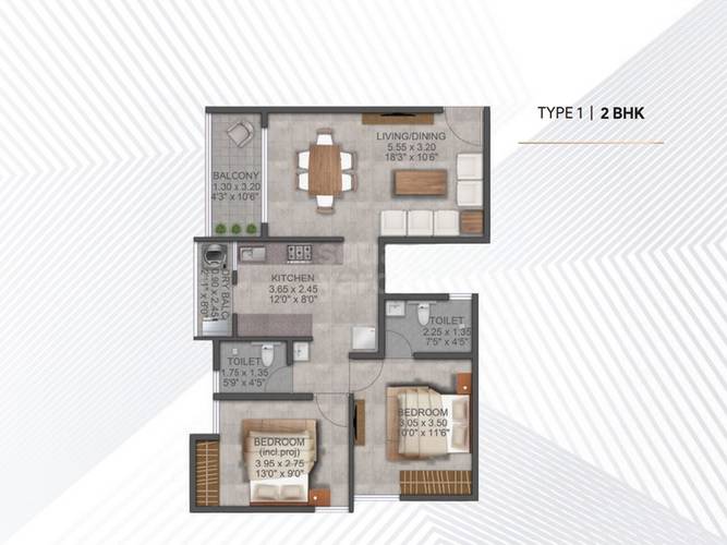 2 BHK 725 Sq. Ft. Apartment