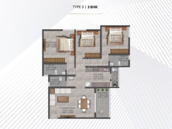 3 BHK 1039 Sq. Ft. Apartment