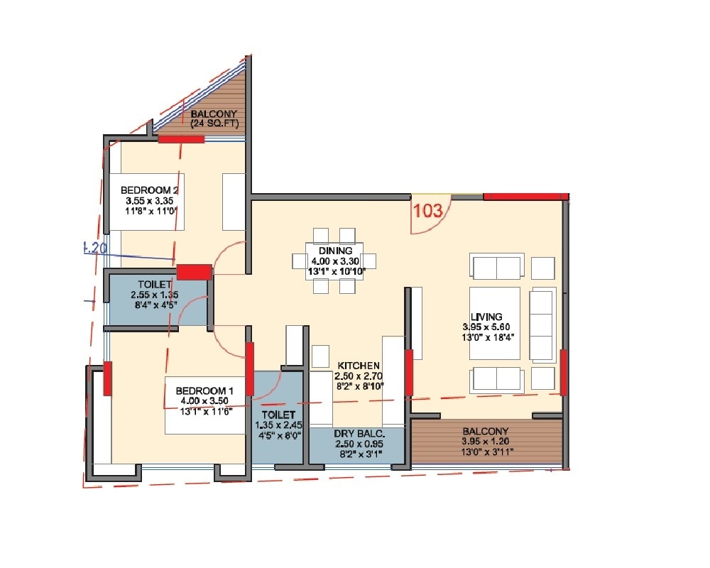 2 BHK 985 Sq. Ft. Apartment