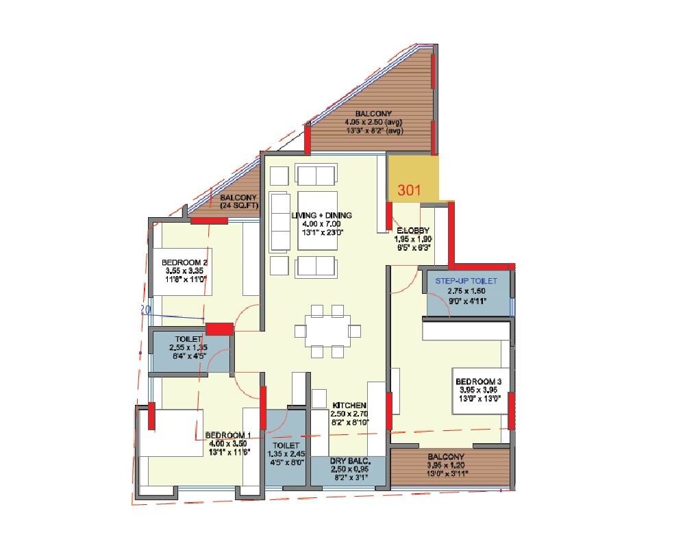 Floor plan of 3 BHK 1289 Sq. Ft. Apartment in Belvalkar Yashodhan, Pune