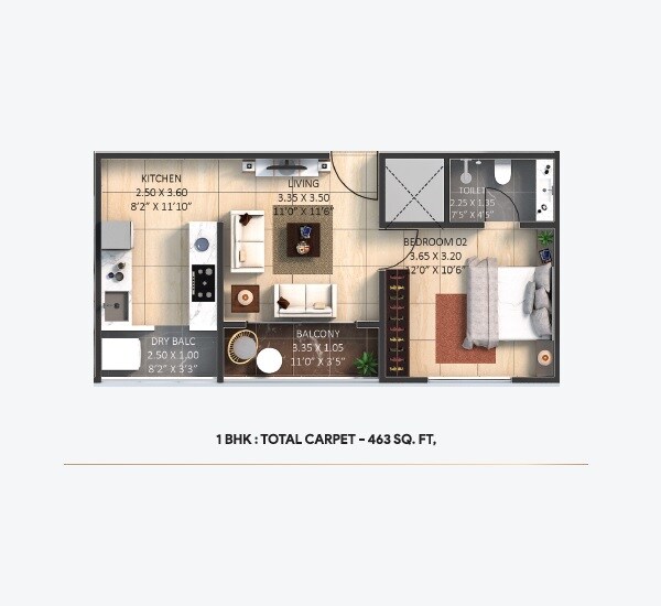 Floor plan of 1 BHK 463 Sq. Ft. Apartment in Belvalkar Yoganand Park, Pune