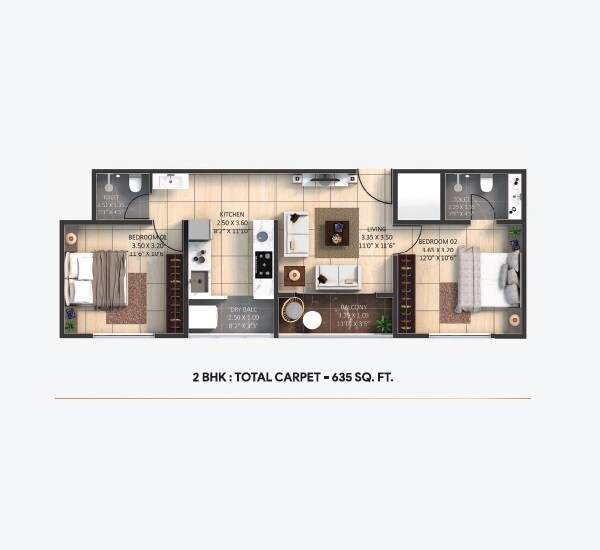 Floor plan of 2 BHK 635 Sq. Ft. Apartment in Belvalkar Yoganand Park, Pune