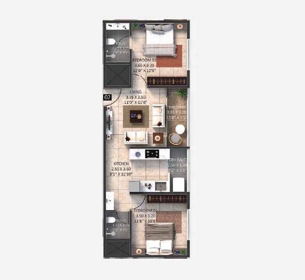 Floor plan of 2 BHK 734 Sq. Ft. Apartment in Belvalkar Yoganand Park, Pune