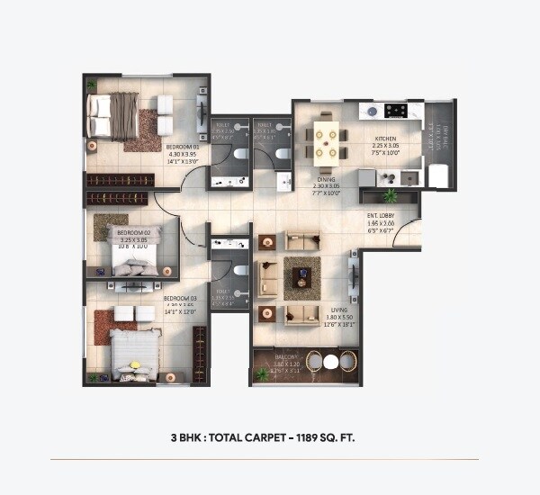 Floor plan of 3 BHK 1189 Sq. Ft. Apartment in Belvalkar Yoganand Park, Pune