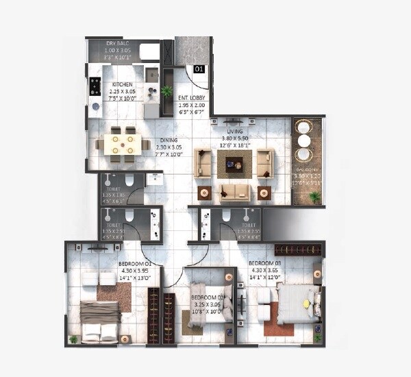 Floor plan of 3 BHK 850 Sq. Ft. Apartment in Belvalkar Yoganand Park, Pune