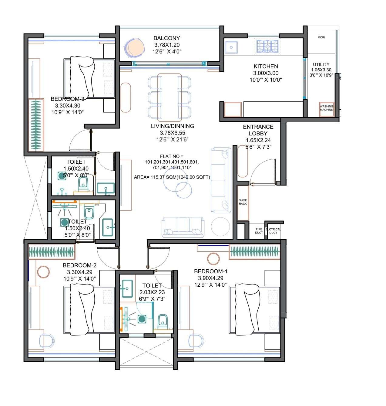 Floor plan of 3 BHK 1242 Sq. Ft. Apartment in Balwadkar Marqis, Pune
