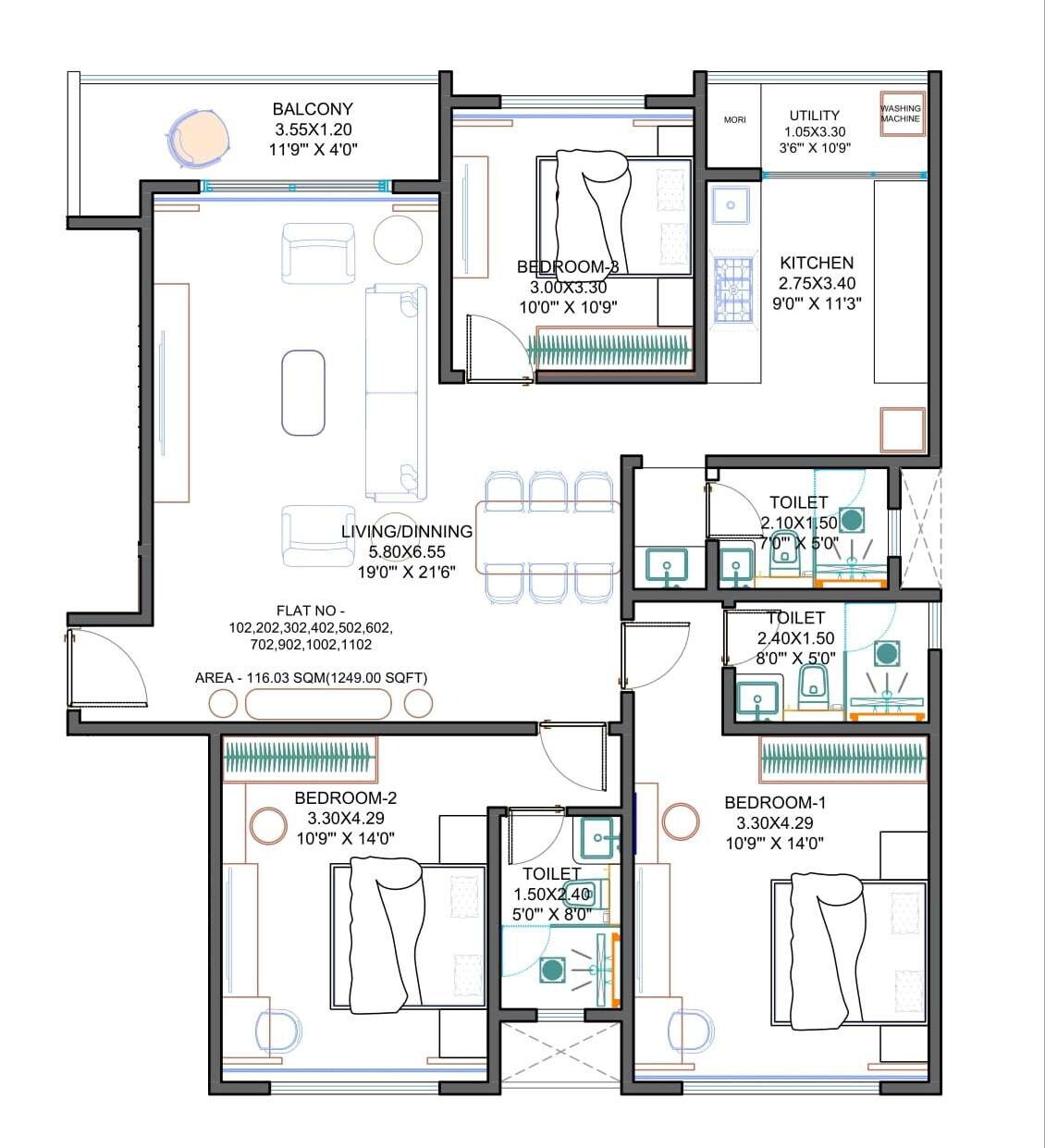 Floor plan of 3 BHK 1249 Sq. Ft. Apartment in Balwadkar Marqis, Pune