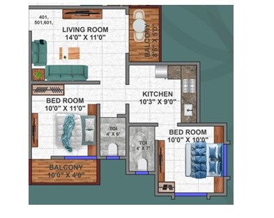 Floor plan of 2 BHK 649 Sq. Ft. Apartment in Bhagat Pride, Pune