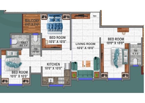 Floor plan of 3 BHK 830 Sq. Ft. Apartment in Bhagat Pride, Pune