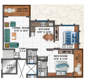 2 BHK 715 Sq. Ft. Apartment