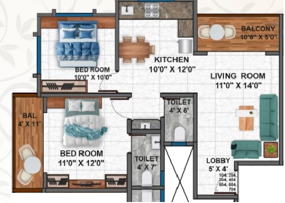 Floor plan of 2 BHK 736 Sq. Ft. Apartment in Bhagat Prime Land, Pune