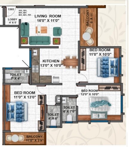 3 BHK 967 Sq. Ft. Apartment
