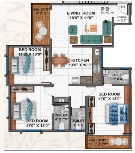 3 BHK 989 Sq. Ft. Apartment