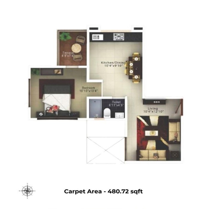Floor plan of 1 BHK 480 Sq. Ft. Apartment in Bhagwat Golden Nest, Pune