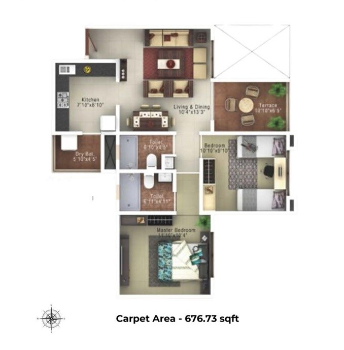 Floor plan of 2 BHK 676 Sq. Ft. Apartment in Bhagwat Golden Nest, Pune