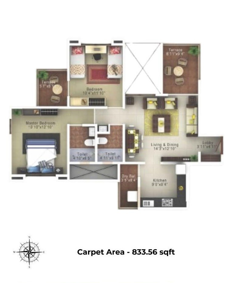 Floor plan of 2 BHK 834 Sq. Ft. Apartment in Bhagwat Golden Nest, Pune