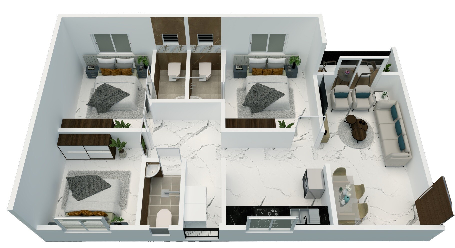 Floor plan of 3 BHK 1036 Sq. Ft. Apartment in Bhagyalaxmi Chaitanya Complex, Pune