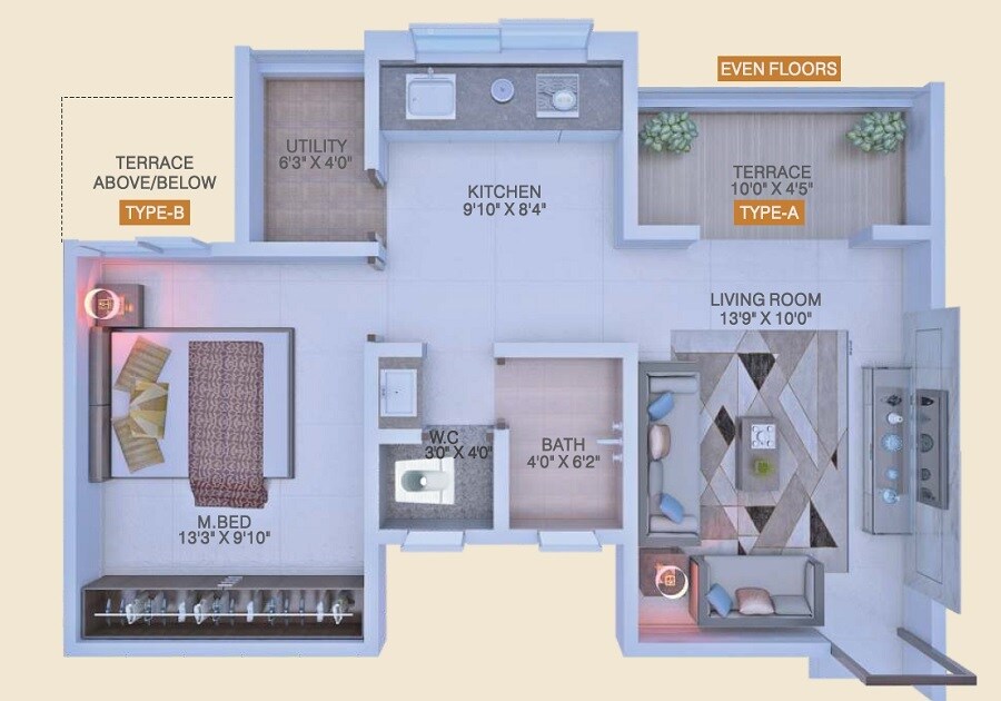 Floor plan of 1 BHK 440 Sq. Ft. Apartment in Bhairavdhan Residency, Pune
