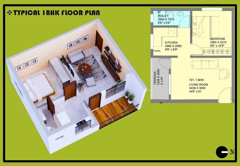 Floor plan of 1 BHK 402 Sq. Ft. Apartment in Bhairavi Nikunj, Pune