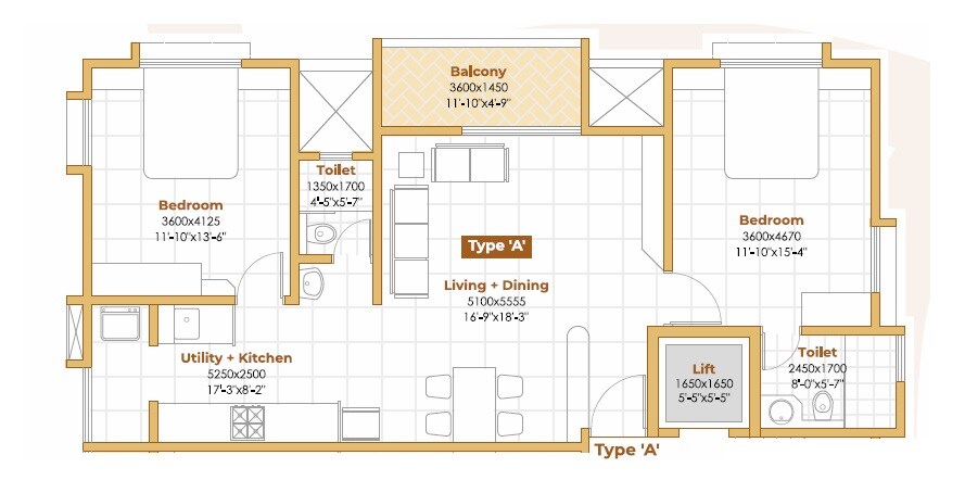 Floor plan of 2 BHK 938 Sq. Ft. Apartment in Bhaktamar Chandrakamal, Pune