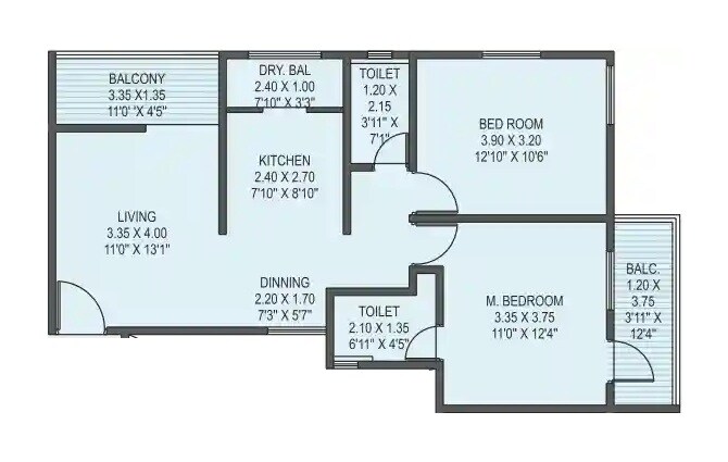 Floor plan of 2 BHK 798 Sq. Ft. Apartment in Bhakti 28 Pearls, Pune