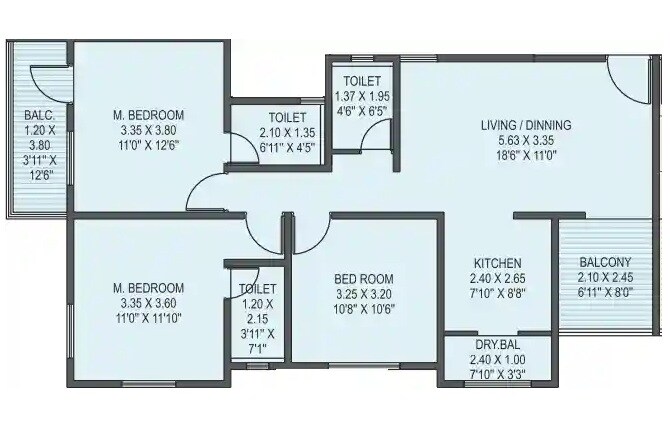 Floor plan of 3 BHK 987 Sq. Ft. Apartment in Bhakti 28 Pearls, Pune