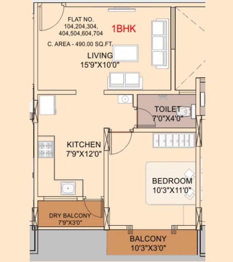Floor plan of 1 BHK 490 Sq. Ft. Apartment in Bhakti Bhosale Empire, Pune