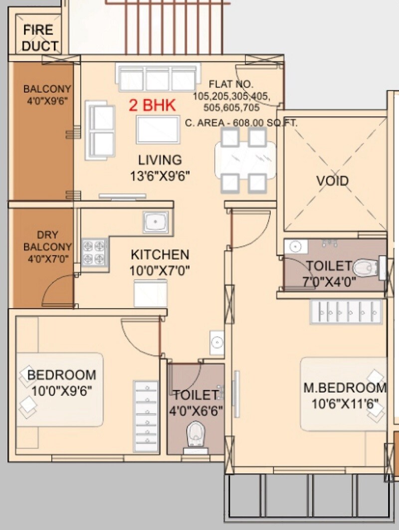 Floor plan of 2 BHK 607 Sq. Ft. Apartment in Bhakti Bhosale Empire, Pune