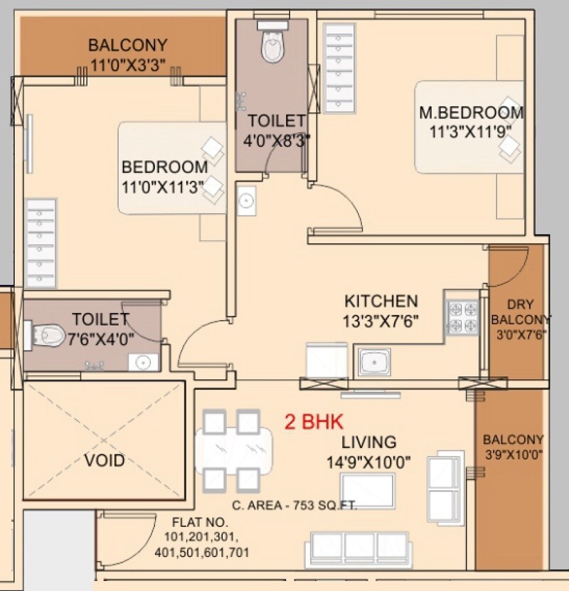 Floor plan of 2 BHK 753 Sq. Ft. Apartment in Bhakti Bhosale Empire, Pune